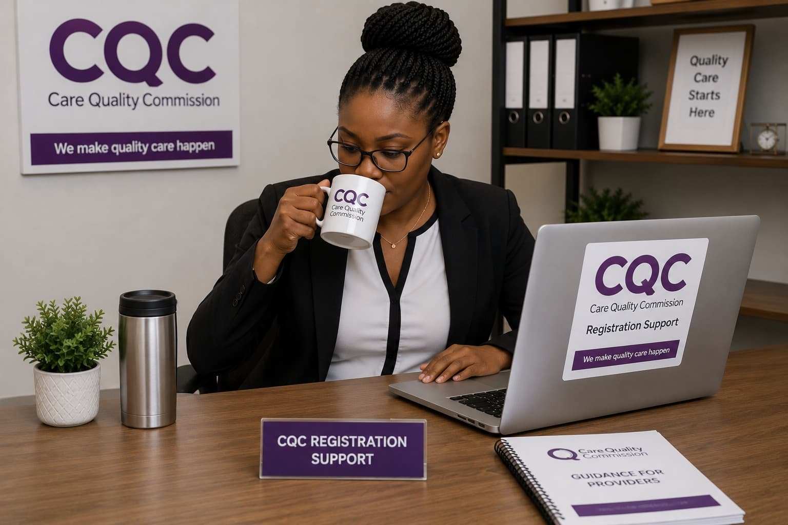 Care manager welcoming CQC inspector — bright office